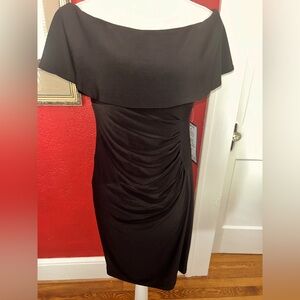 Elegant Black Off-Shoulder Dress with ruching NWT size 8 petite w built in cups